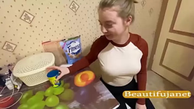 Blonde sucks on Russian neighbor's kitchen